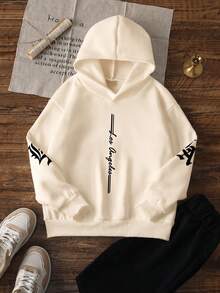 1pc Tween Boys' American Vintage Vertical Letter Print Hooded Sweatshirt, Cream White Loose Casual Pullover Top For Kids, Spring/Autumn - Apricot - View 3