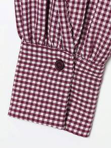 CAREE Women's Spring/Autumn Plaid Short Waist-Cinching Blouse, Lapel Puff Long Sleeve Front Button Shirt - Multicolor - View 5
