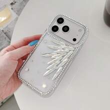 1pc New Large Hole Luxury Maple Leaf Shaped Long Strip Rhinestone Case Compatible With Apple 17 Pro Max, Sparkling Diamond Phone Shell, Luxury 16/15, Premium 14, Niche 13, Fashion 12 - Silver - View 2