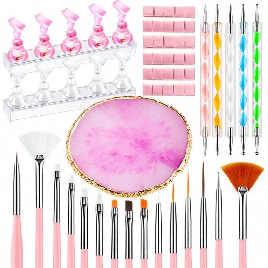 Nail Art Tools 24Pcs Set, 2 Sets Nail Stand, Nail Art Brush, Resin Nail Art Palette, 5 Pcs Nail Art Sculpture Pen, Dotting Pen Tools Nail Art Kit For Nail Art - Multicolor - View 1