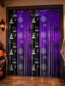 1/2pcs 1m X 2m Black & Purple Halloween Foil Fringe Curtain, PET Metallic Sequin Backdrop With Spider Web, Bat, Haunted House Print, Self-Adhesive Door Wall Photo Booth Decoration Fringe, Suitable For Party Entrance, Home Bar Room Holiday Scene Decor - Rain Curtain - View 6