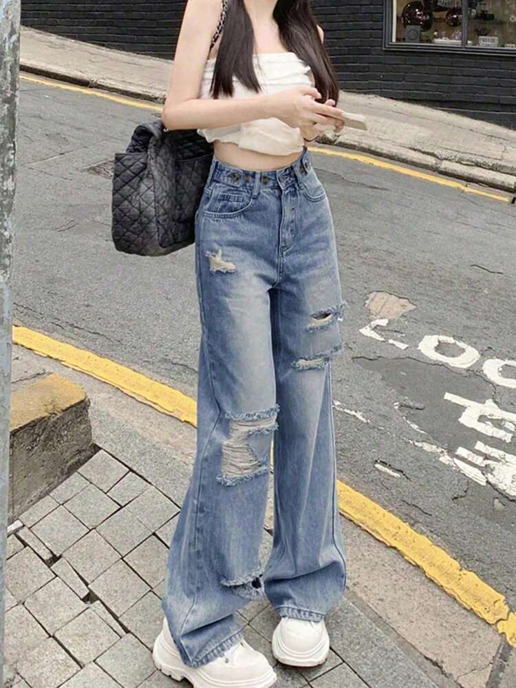 Women's Distressed Ripped Wide Leg Jeans, Casual Long Non-Stretch Denim Pants, Waist With Button Adjustable Detail Design And Pocket Details, Perfect Choice For Autumn Outfit. High Waist Loose Fit, Random Ripped Hook Line - Medium Wash - View 3