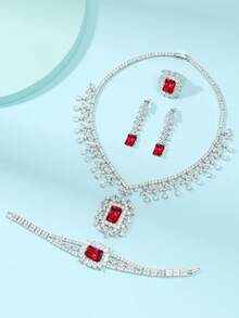 1 Set 4pcs Luxury Rectangular Full Cubic Zirconia Necklace, Earrings, Ring, Bracelet Women's Jewelry Set For Wedding, Evening Party, Dress Accessories - Square - View 5