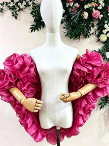 歐美風新娘浪漫披肩 優雅3D玫瑰貼花 重工裝飾婚紗配件 袖套短披風 - 玫紅色 - 查看 1