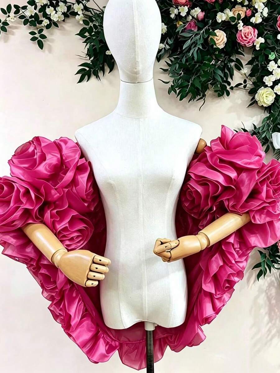 歐美風新娘浪漫披肩 優雅3D玫瑰貼花 重工裝飾婚紗配件 袖套短披風 - 玫紅色 - 查看 1