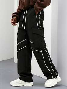 Men's Drawstring Waist Pocket Casual Daily Travel Long Pants - Black - View 1