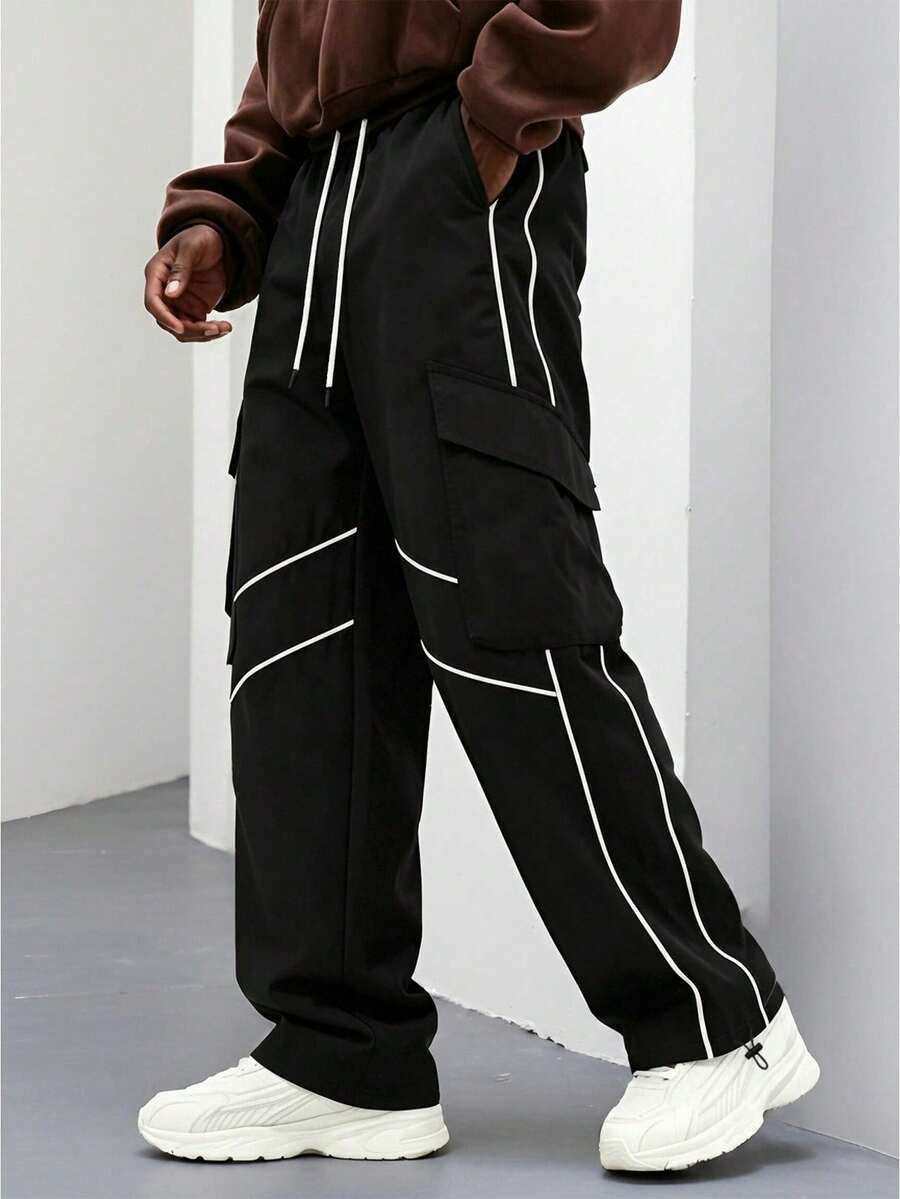 Men's Drawstring Waist Pocket Casual Daily Travel Long Pants - Black - View 1