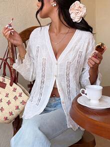 Vacation White Boho Eyelet Cutout Blouse Loose Petal Sleeve Scallop Hem Front Placket Shirt For Summer Street Daily Matching - White - View 3