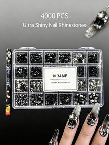 KIRAME 4000顆高品質超亮黑色美甲水鑽套組，含拾取筆，混色混形水晶，適用於DIY美甲、居家美甲、美甲沙龍、美甲用品，聖誕、夏季與旅行美甲、萬聖節、節日禮物 - 黑色 - 查看 4