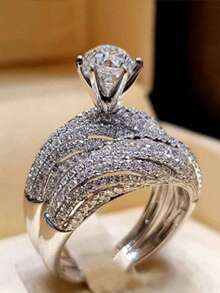 1 par de anillos de compromiso con doble capa al estilo europeo y americano, conjunto de joyas de propuesta populares, anillos para parejas, adecuados para uso diario y bodas, regalo - Plateado - Ver 2