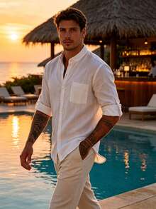 Men's Stand Collar Rolled Sleeve Linen White Shirt, Casual Vacation Pool Bar Resort Top - White - View 2
