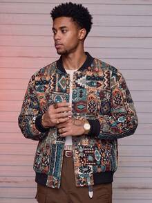 MAISONFOX Men's Street Style Vintage Colorful Print Long Sleeve Short Stand Collar Jacket, Button Jacket, Baseball Jacket, Men's Jacket, Motorcycle Jacket - Black - View 1