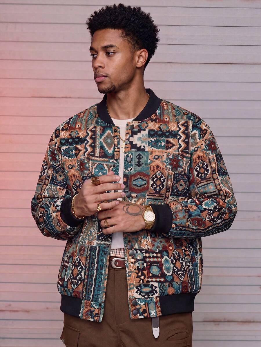 MAISONFOX Men's Street Style Vintage Colorful Print Long Sleeve Short Stand Collar Jacket, Button Jacket, Baseball Jacket, Men's Jacket, Motorcycle Jacket - Black - View 1