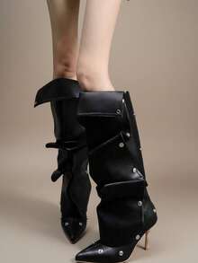 2026 Pointed Toe High Heel Stiletto Western Cowboy Tall Boots With Button Patchwork, 2-In-1 Wearable Slouchy Fashion Boots For Women - Black - View 4