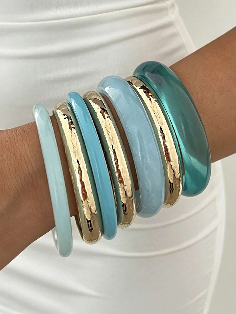 7pcs/4pcs/3pcs Vintage Elegant Bohemian Casual Style Women's Blue Acrylic Bracelets And Metal Plain Bangles, Suitable For Women's Daily Wear, Gatherings, Parties, Summer Vacation, Beach Holiday, Travel, Layering And Gifting - Multicolor - View 1