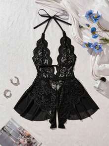 Women's Black Lace Deep V-Neck Bodysuit With Long Nightgown, Sheer Mesh Fabric, Lace Lingerie Set, Intimate Home Wear, Suitable For Couples Date - Black - View 4