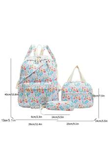 3 PiecesCasual College Style Floral Pattern Backpack Set, Includes Backpack, Lunch Bag And Pencil Case, With Laptop Compartment, Adjustable Shoulder Straps, Multi-Pocket Large Capacity, Multi-Function School Bag Set, Suitable For Girls/Teens/College Students/Graduates Daily Use/Vacation/Travel/Back To School. - 2347 - View 2