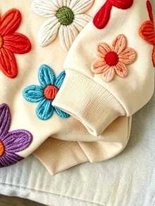 Young Girl Floral Pattern Warm Hooded Sweatshirt - Apricot - View 4