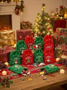 12/6/1pc Christmas Gift Bags, Christmas Gift Pouches, Christmas Drawstring Bags With Santa Claus, Reindeer, Christmas Tree Pattern Prints, Suitable For Christmas Tree Decoration Gift Bags, Red And Green Christmas Gift Bags, Flannel Drawstring Small Bags, Christmas Surprise Gift Box Bags, Suitable For Christmas Decoration, Christmas Party Small Gifts, Christmas Style Pattern, Snowman Gift Bags, Birthday Gift Bags - Multicolor - View 3