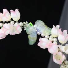 粉色布藝花卉與藍色蝴蝶花環珍珠串珠流蘇髮箍，仙女風新娘髮飾，適用於婚禮、舞會、攝影與節慶 - 彩色 - 查看 8