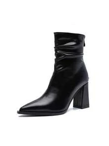Women's Pointed Toe Ruched Ankle Boots With Chunky Heel, Black, 2026 Autumn/Winter New Style Elegant High Heel Boots For Holidays - Black - View 4