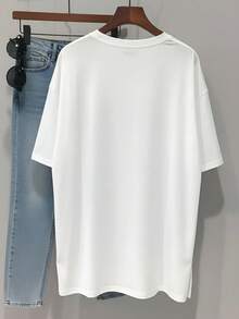 White All-Match Round Neck Solid Color Side Slit Short Sleeve T-Shirt Women's Summer Loose Mid-Length Flattering Top Minimalist Casual Commute Versatile All-Match Style - White - View 4