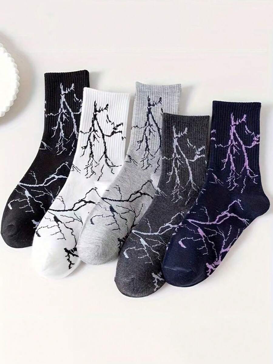 5 Pairs Lightning Pattern Mid-Calf Socks, Unisex, INS Street Style, Breathable, Versatile, Sports Casual - Multicolor - View 1