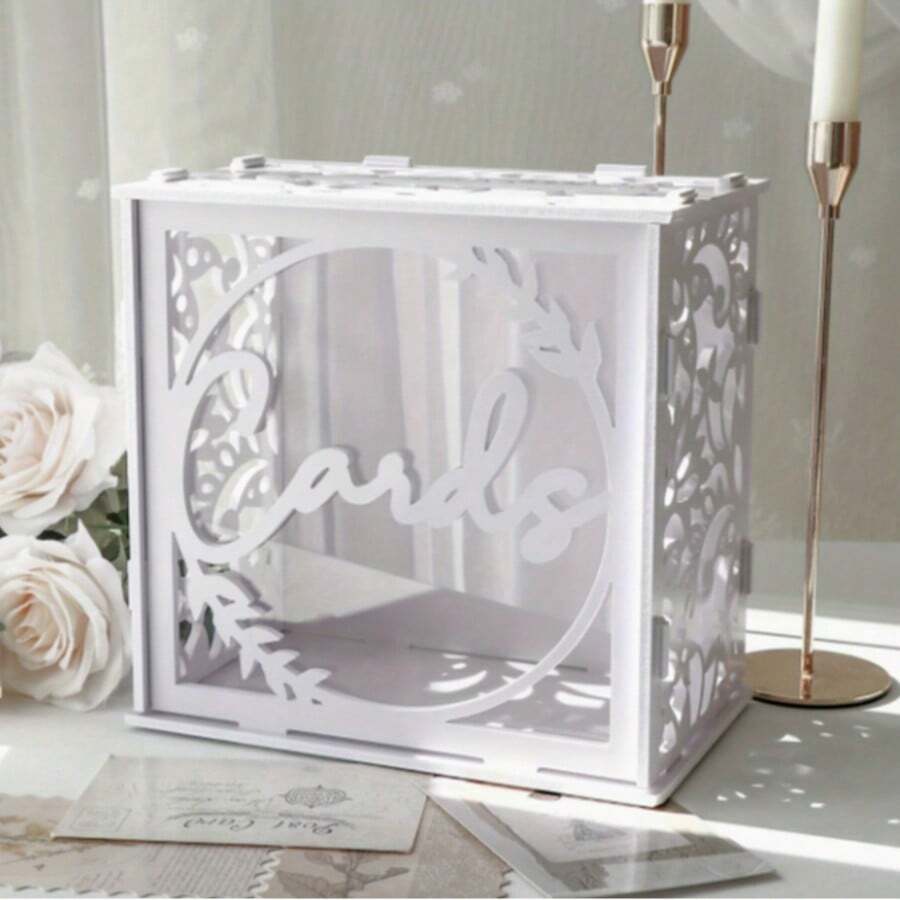 Brown Wooden Wedding Card Box, White Wooden Gift Card Box With Slot And Acrylic Window, Suitable For Bridal Shower, Reception Gift Card Box, Hollow Slot Design, Used For Wedding Decoration, Birthday Graduation Party Rustic Wedding Decoration Wallet Envelope Box - A - View 1