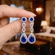 1 Pair Elegant Royal Blue Teardrop Halo Dangle Stud Earrings, Sparkling Cubic Zirconia Long Dangle Earrings, Elegant Bridal Wedding Evening Party Accessories, Suitable For Luxury Weddings, Evening Parties, Balls, Perfect Gift For Her, Ideal Jewelry Gift For Women - Silver - View 7