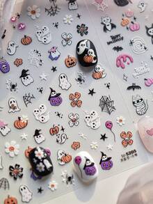 1pc 5D Embossed Nail Stickers, Dark Style Pink Pumpkin Head Halloween Ghost Nail Art Decals, Self-Adhesive Nail Decoration DIY Accessories - Multicolor - View 2
