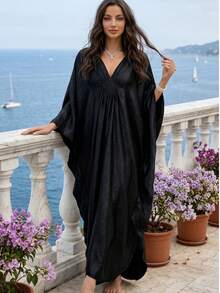 Women's Solid Color Kaftan Maxi Dress, V Neck Batwing Sleeve, Crochet Boho Beach Cover Up, Loose Fall Vacation Party Wedding Holiday Plus Size - Black - View 2