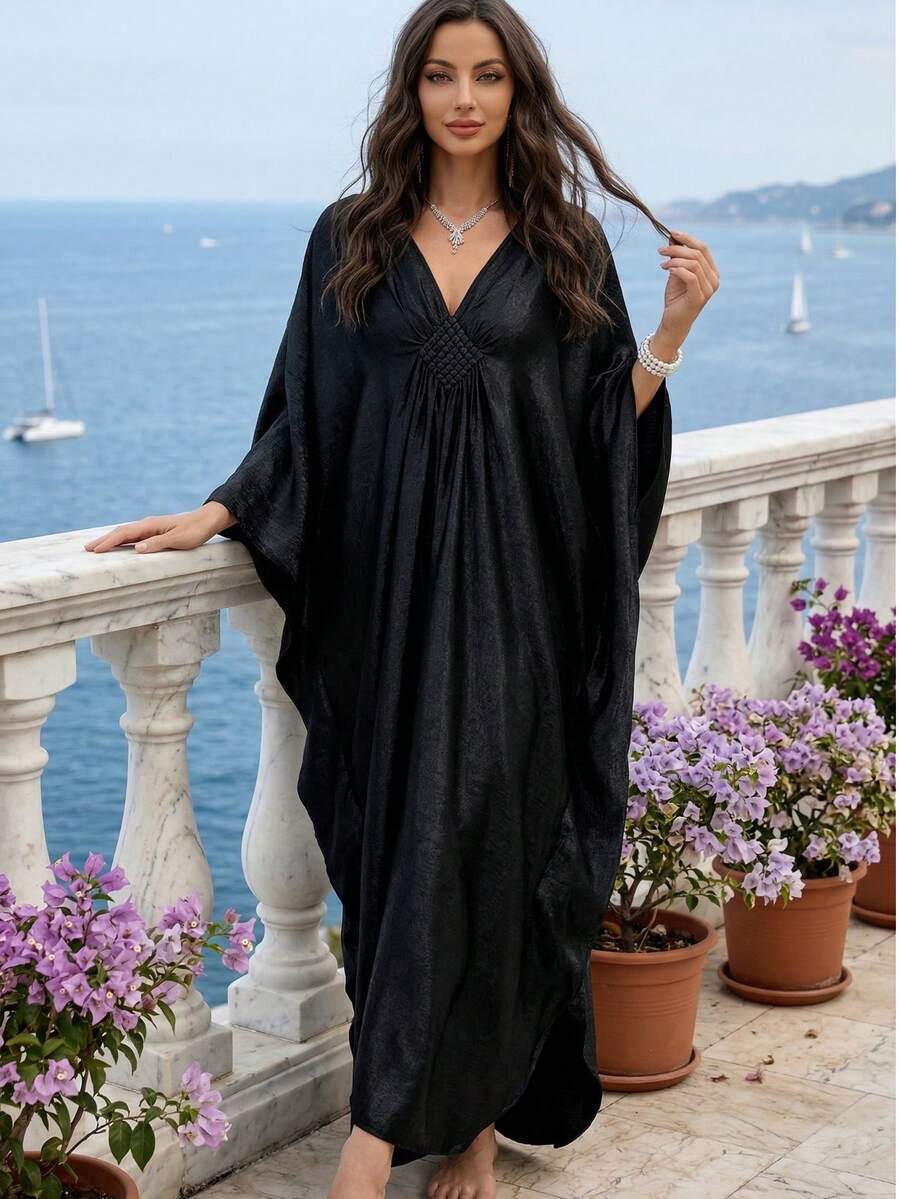 Women's Solid Color Kaftan Maxi Dress, V Neck Batwing Sleeve, Crochet Boho Beach Cover Up, Loose Fall Vacation Party Wedding Holiday Plus Size