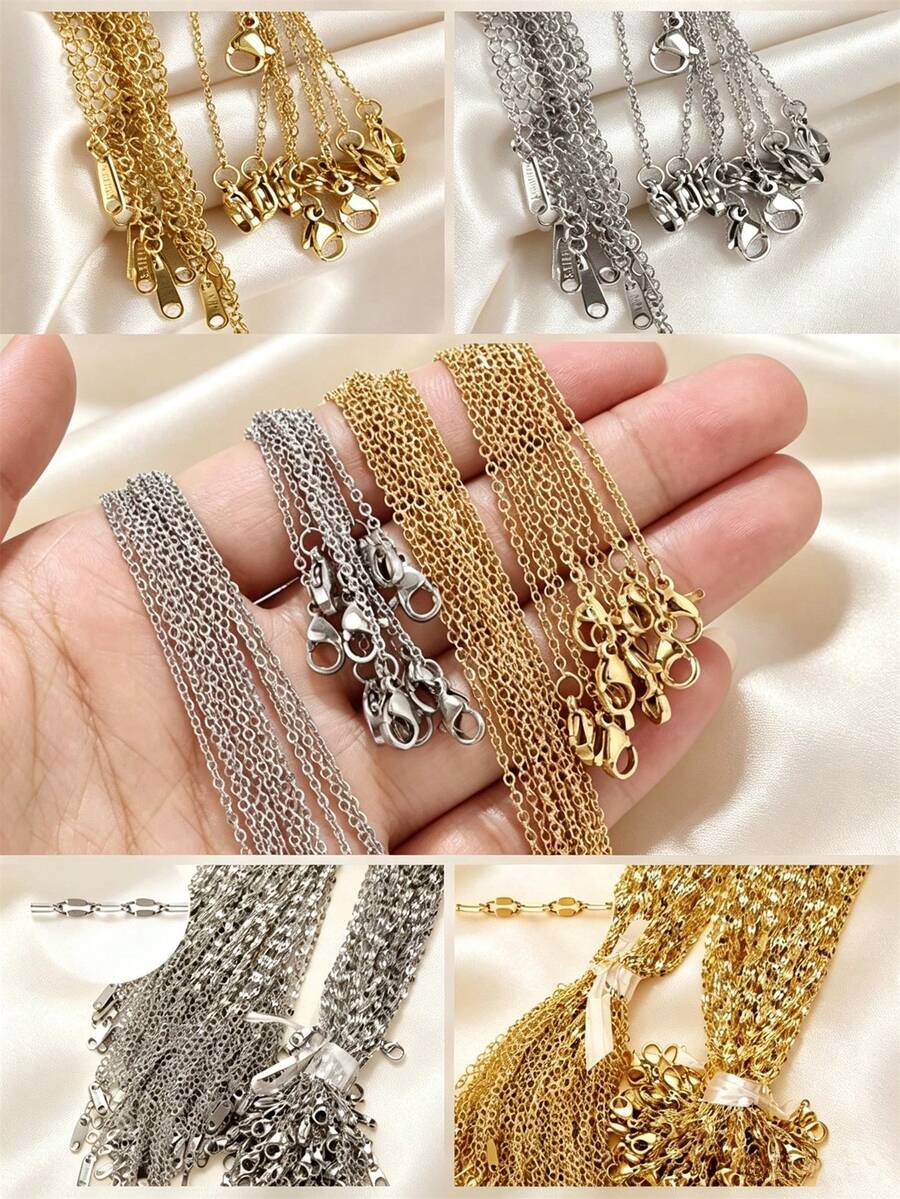 10/20/50/100件 18K鍍金不鏽鋼高品質O型鏈條,附龍蝦扣延長鏈,DIY項鍊製作配件 - 項鍊 - 查看 1