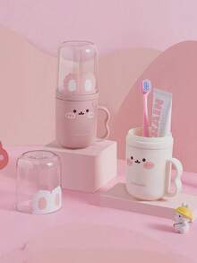 1pc Cute Cartoon Rabbit Double Layer Toothbrush Cup, Japanese Style Cute Plastic Bathroom Mouthwash Cup, Children's Layered Toothpaste Holder - Multicolor - View 3