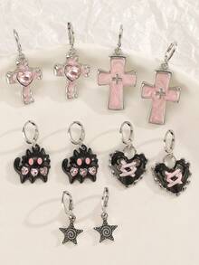 1 Pair/5 Pairs Sweet Cool Y2K Personalized Cross Star Pink Rhinestone Cat Heart Earrings Set, Dreamy Sweet Minimalist Casual Versatile Ear Drops, Jewelry For Women, Suitable For Daily Wear, Parties, Music Festivals, Gift For Friends - Multicolor - View 14