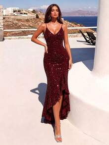 CHOSMO Elegantes rückenfreies Abendkleid mit Pailletten für Party, Hochzeit, Fotografie, Geburtstag, Abschluss, Jahrestag, Feiertag, Hochzeitsgast, Teegesellschaft Herbst - Bordeaux - Übersicht 4