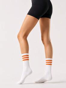1/6 Pairs Striped Contrast Color Mid-Calf Socks, Casual Minimalist Collegiate Style Sports Mid-Calf Socks, Unisex, Comfortable And Breathable, Suitable For Home Or Sports - Multicolor - View 2