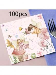 20/40/60/100 Stück, Aquarell Verzauberte Feen Papier Cocktail Servietten, 2-lagig Rosa Blumen Schmetterling Pilz Frosch Elfen Muster Einweg Servietten, Pastell Garten Feen Abendessen Servietten für Wald Feen Babyparty Prinzessin Geburtstag Brunch Tischzubehör - Mehrfarbig A - Übersicht 8