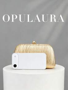 OpulAura 復古奢華手拿包，金色 PU 皮革亮面百褶設計時尚派對包，正式派對手拿包，高端方型小包，適合派對/婚禮/正式場合晚宴女士包，附鏈條 - 金色 - 查看 6