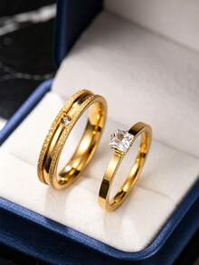 2pcs Exquisite Stainless Steel Gold Couple Rings With Frosted & Rhinestone Elements, Suitable For Men And Women Daily Wear, Holiday, Date, Engagement, Wedding Gift Jewelry (Includes Box) - Gold - View 1