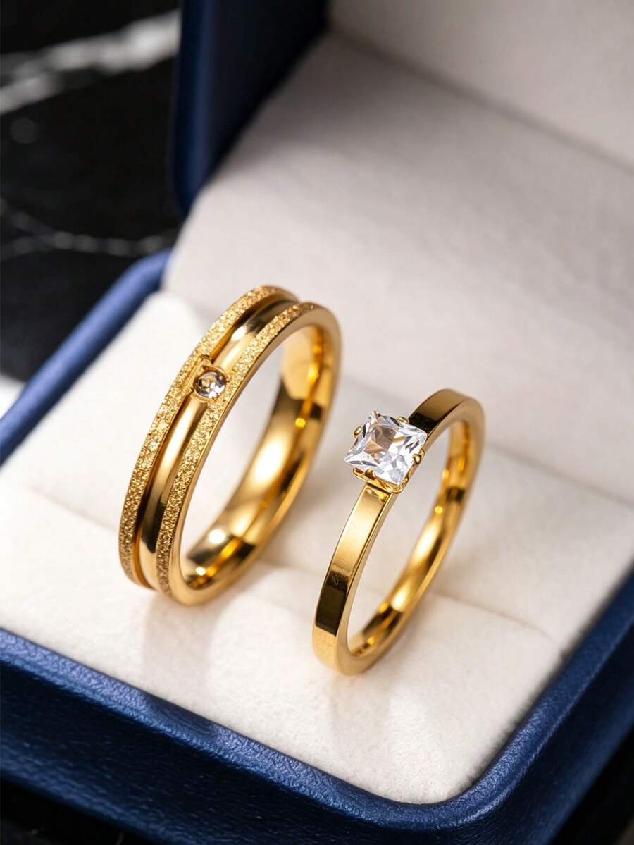2pcs Exquisite Stainless Steel Gold Couple Rings With Frosted & Rhinestone Elements, Suitable For Men And Women Daily Wear, Holiday, Date, Engagement, Wedding Gift Jewelry (Includes Box) - Gold - View 1