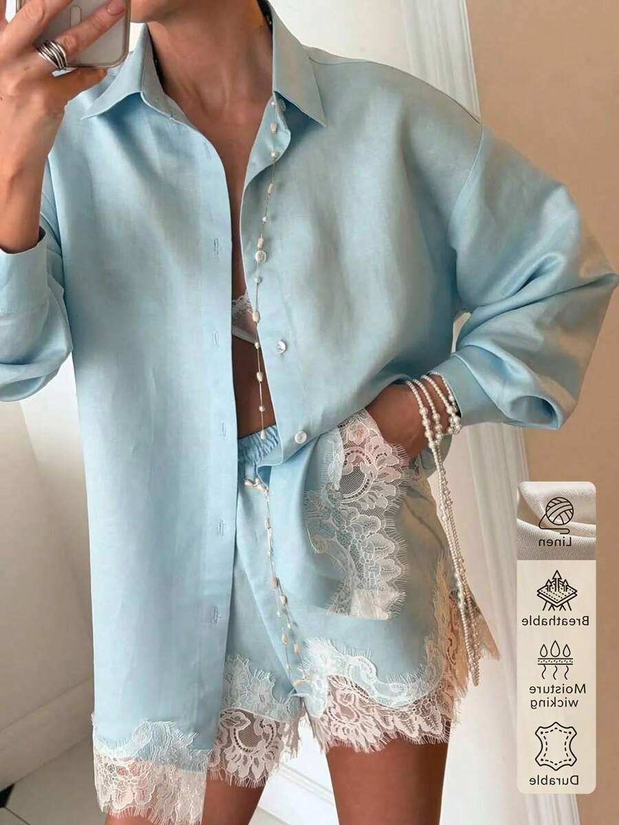 女款秋冬/春夏上衣襯衫,亞麻面料,薄透舒適寬鬆長袖襯衫,對比蕾絲飾邊下擺,優雅時尚女式襯衫,適合海灘度假、日常通勤、辦公室穿著 - 淺藍色 - 查看 1