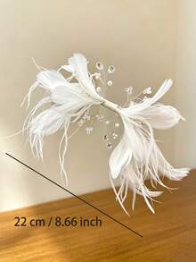 1pc Ethereal White Faux Feather Pearl Crystal Hair Clip, Bridal Wedding Dress Side Clip, Luxury Wedding Banquet Headpiece - Multicolor - View 3