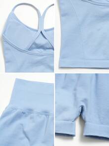 NcmRyu Women's One Set Solid Color U-Neck Spaghetti Strap Y-Shaped Criss-Cross Back Ribbed High Waist Shorts Sports Set - Baby Blue - View 4