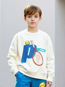 Boys/Tween BoysSpring/Autumn 2-Piece Set, Letter & Racket Print Crew Neck Long Sleeve Top With Lake Blue Jogger Sweatpants, Student Sports Casual Everyday Versatile Outfit - Blue - View 4