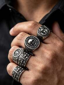 Gothic Dark Full Circle Skull Wide Band Ring, Vintage Heavy Metal Carved Flame Skull Personalized Distressed Men's Large Size Stackable Combination Ring, Motorcycle Hip-Hop Accessory Gift, Daily Commute Halloween Gift, Random Style 1pc/2pcs/3pcs/4pcs/5pcs/6pcs - Multicolor - View 3