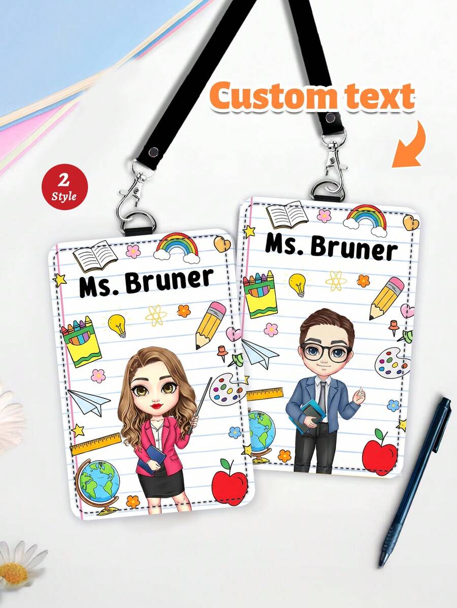 1pc Custom Cartoon Teacher Portrait Badge Holder Lanyard,Personalized Teacher Name Luggage Tag,Teacher Appreciation Gift,Back To School,ID Card Cover - Multicolor - View 1