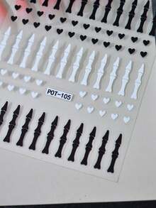 1 pieza Pegatinas de uñas con diseño de corazón de hueso en blanco y negro, autoadhesivas desechables con relieve, estilo oscuro, INS, adecuadas para fiestas de vacaciones - Multicolor - Ver 4