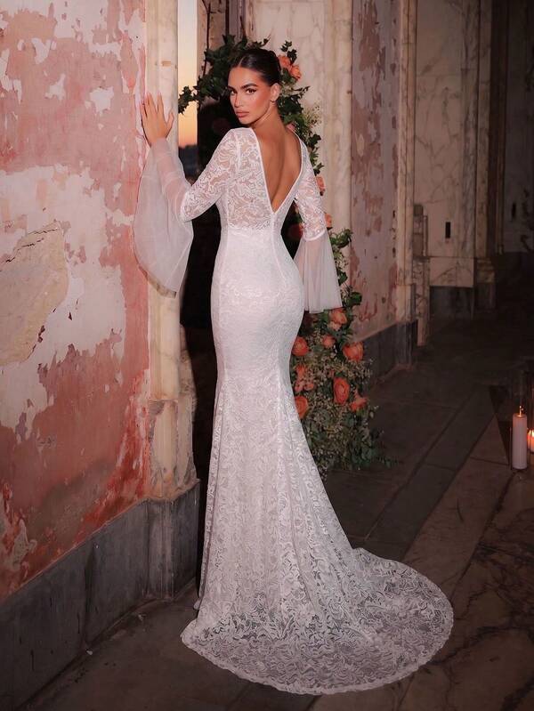 Long Sleeve Dress For Wedding Guest, Robe, Soiree, Chic, White, Romantic, Elegant, Lace, Woman's Dress, Wedding, Anniversary, Music Festival, Holiday, Formal Evening, Wedding Guest, Party, Gift, Fall Women Clothes