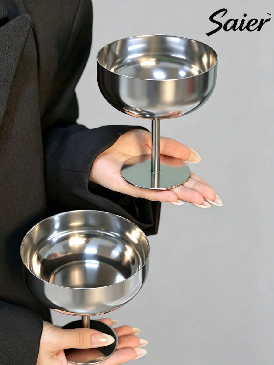 3 Styles Silver Stainless Steel Round High-Foot Dessert Cups, Large/Medium/Small Sizes, Multiple Specifications Available, Suitable For Summer Ice Cream, Desserts, Daily Home Use And Party Events Tableware Matching - Multicolor - View 1